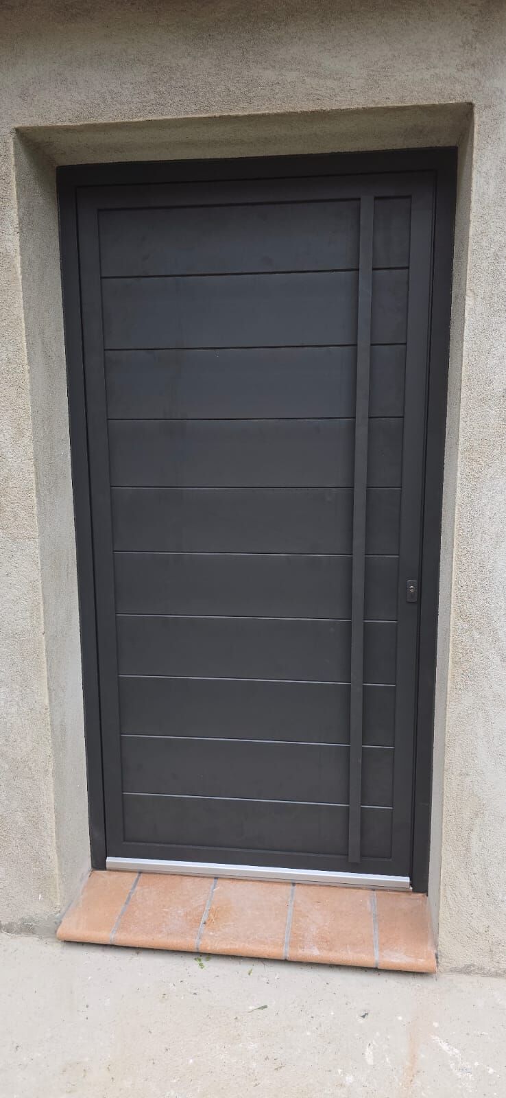 Puerta de entrada de aluminio en gris oscuro con diseño de líneas horizontales